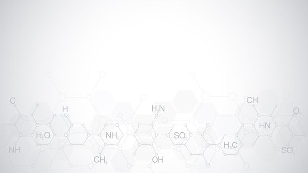 化学式と分子構造を持つ抽象的な化学パターン 科学と革新技術のコンセプトとアイデアを備えたテンプレートデザイン プレミアムベクター