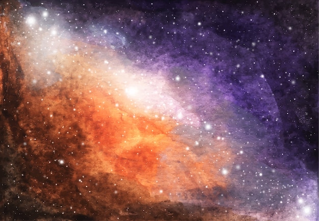 抽象的な銀河の絵 星と水彩の宇宙のテクスチャ 夜空 天の川の深い星間 紫と茶色の雲 白い星が飛び散る明るい空 プレミアムベクター