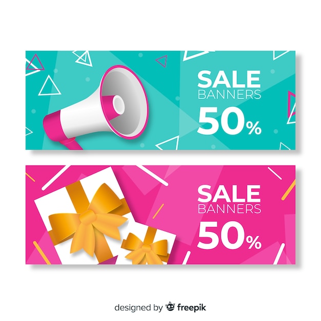 Abstract geometric sale banners with realistic elements Free Vector