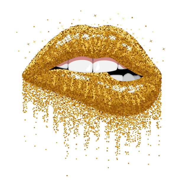 Abstract glitter gold sparkles open mouth with color paint flow glossy lips biting Premium Vector