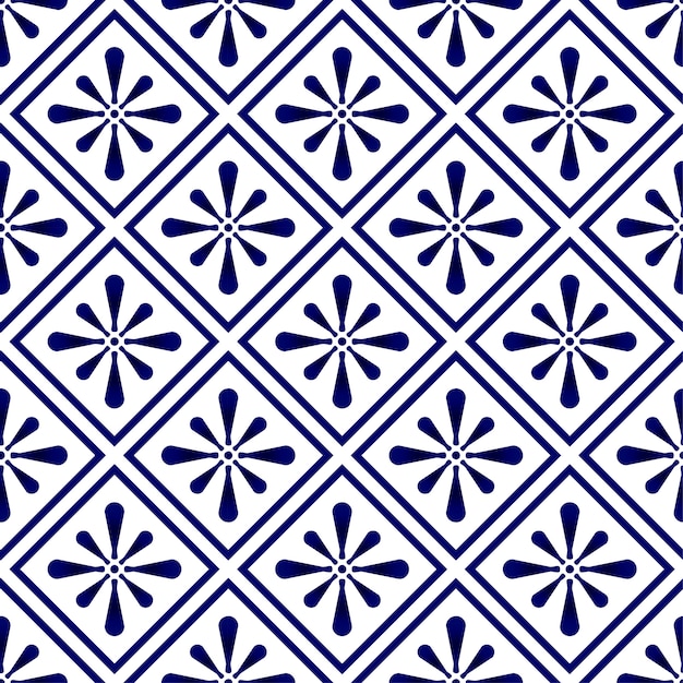 青と白の抽象的なモダンなパターン 磁器のシームレスな花 セラミックの壁紙の装飾 印刷テクスチャとシルク ヴィンテージのタイル 陶器の装飾ベクトルの藍のテンプレートデザイン プレミアムベクター