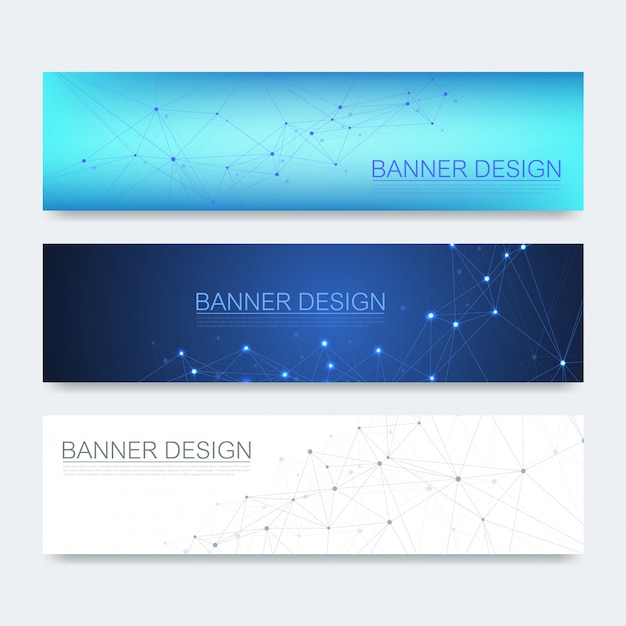 Abstract molecules banners set with lines, dots, circles, polygons.  design network communication ba