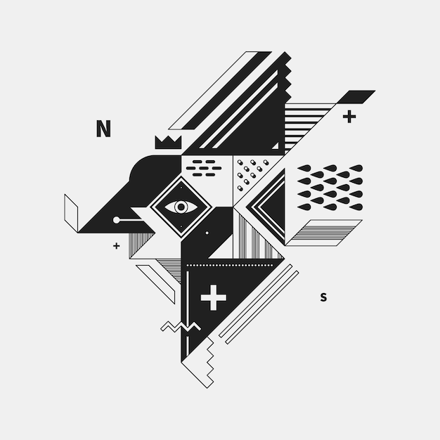Abstract monochrome creature on white background. style of cubism and constructivism. useful for prints and posters. Premium Vector