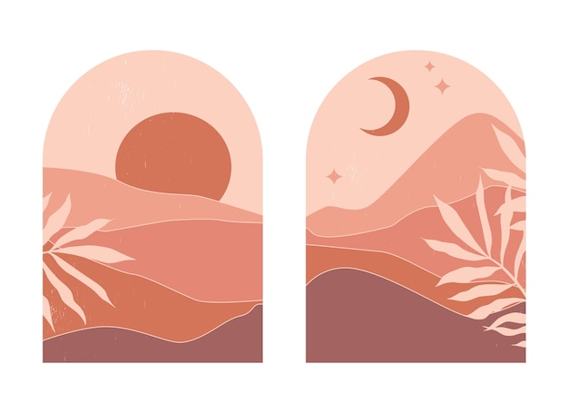 Abstract mountain landscapes in arches at sunset with sun and moon in an aesthetic Premium Vector