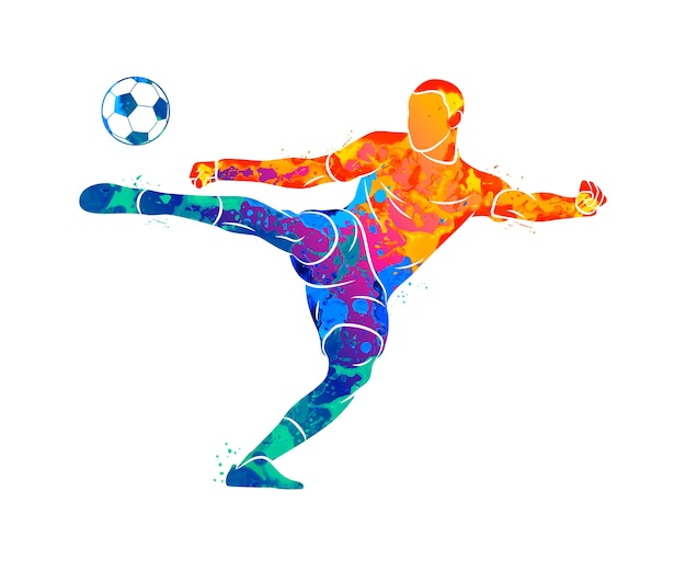 水彩画のスプラッシュからボールをすばやく撮影する抽象的なプロのサッカー選手 塗料のイラスト プレミアムベクター