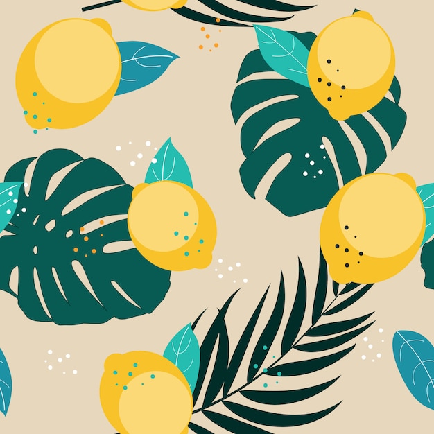 レモンとヤシの葉のイラストが抽象的なシームレスパターン背景 プレミアムベクター