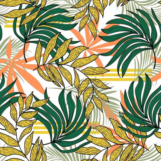 Abstract seamless pattern with colorful tropical leaves and plants Premium Vector