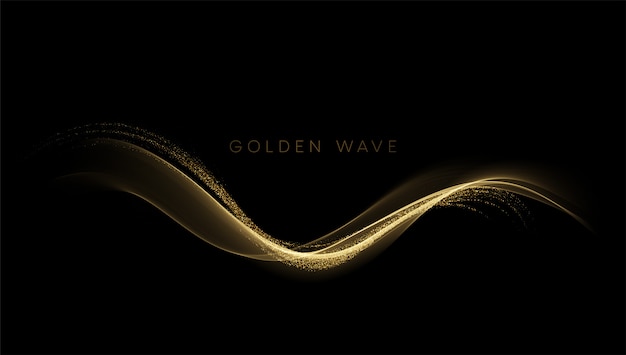 Abstract shiny color gold wave design element with glitter effect on dark background. Premium Vector