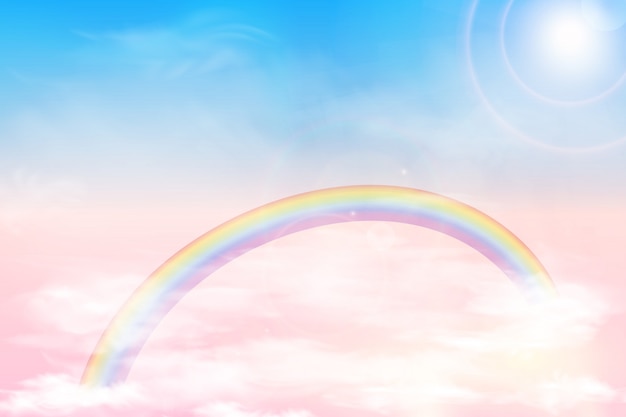 色の雲と抽象的な空 柔らかなパステルカラーの太陽と雲の背景 カラフルな曇り晴れた空 現実的な明るい虹 ふわふわの雲とファンタジーの魔法の風景の背景 ベクター プレミアムベクター