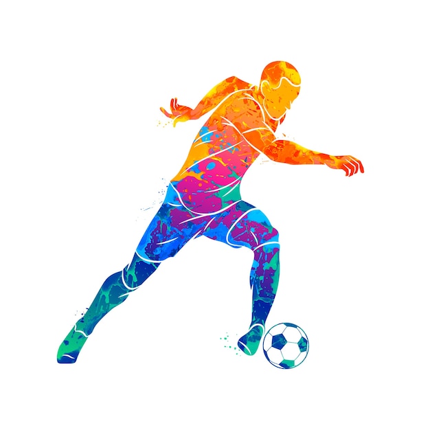 水彩画のスプラッシュからボールを持って走っている抽象的なサッカー選手 塗料のイラスト プレミアムベクター