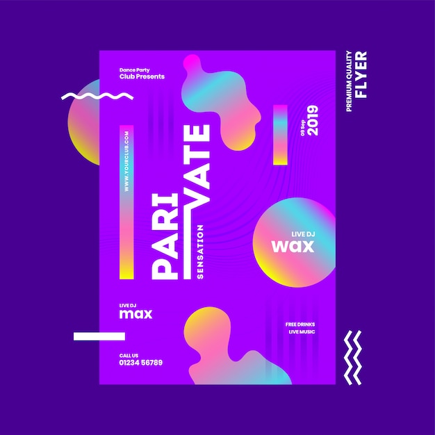 Abstract template or flyer design with venue details for private sensation party. Premium Vector
