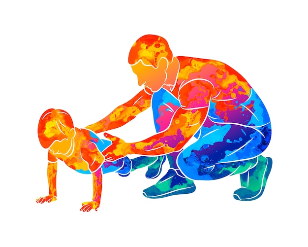 抽象トレーナーは 水彩画のしぶきから床から少年が腕立て伏せをするのを助けます 塗料のイラスト 体育のクラス 子供のフィットネス プレミアムベクター