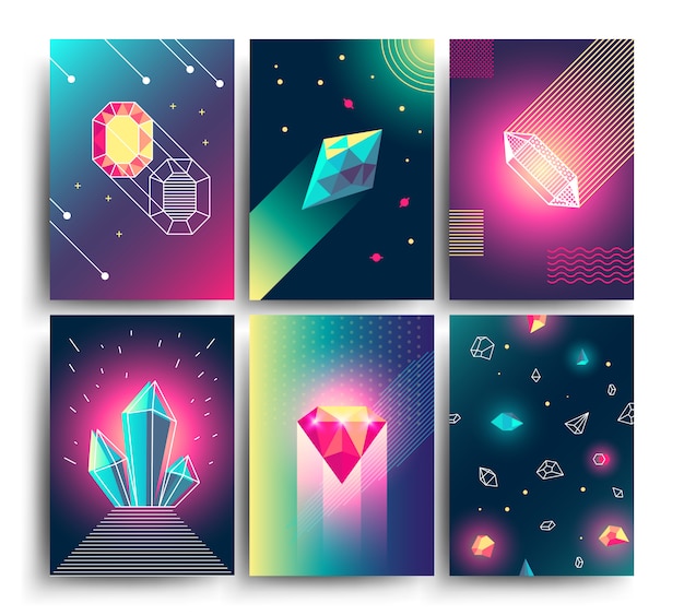 Abstract trendy vector cosmic posters with crystal gems and pyramid geometric shapes. neon galaxy backgrounds in 80s style Premium Vector