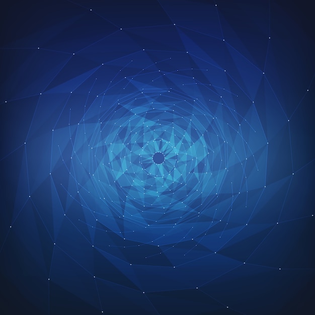 Abstract vector mesh background. Chaotically connected points and polygons flying in space. Flying debris. Futuristic technology style card. Lines, points, circles and planes. Futuristic design. Free Vector