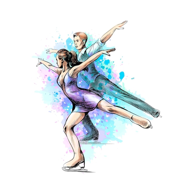 水彩画のスプラッシュから抽象的な冬のスポーツフィギュアスケートの若いカップルのスケーター 冬のスポーツ 塗料のイラスト プレミアムベクター