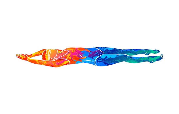 抽象的な若い女性は水彩画のスプラッシュから背中に泳いでいます 塗料のイラスト 背泳ぎ プレミアムベクター