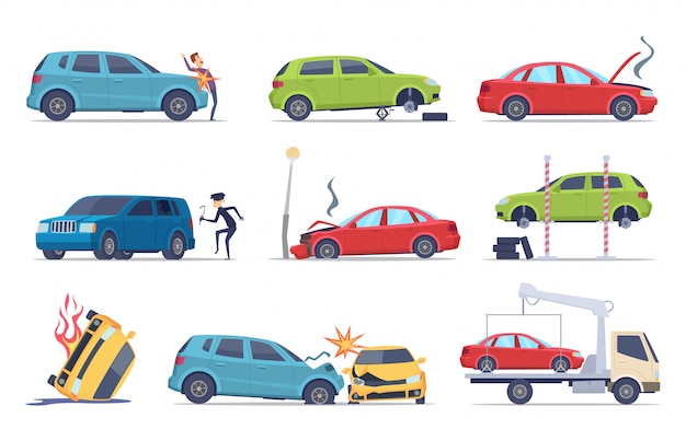 Accident on road. car damaged vehicle insurance transportation theif repair service traffic pictures collection Premium Vector