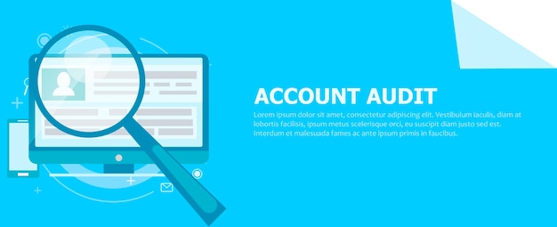 Account audit banner. a computer with a magnifying glass pointed at it. Free Vector