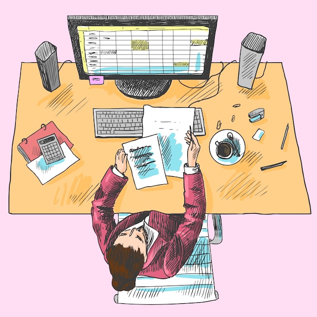 Accountant office employee work place tools with woman sitting on table colored top view sketch vector illustration Free Vector