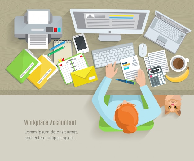 Accounter top view workplace with woman sitting and working objects Free Vector