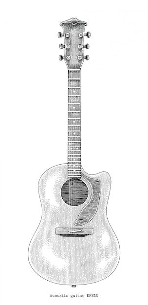 アコースティックギターの手描きのヴィンテージの彫刻イラスト プレミアムベクター