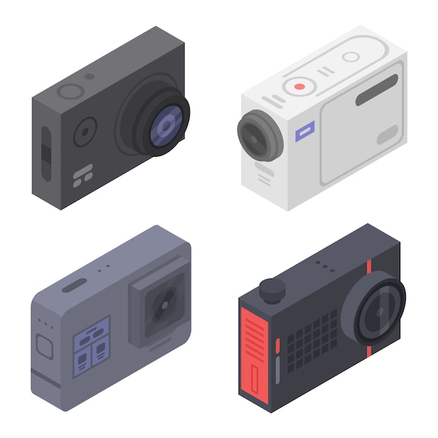 Action camera icons set, isometric style Premium Vector