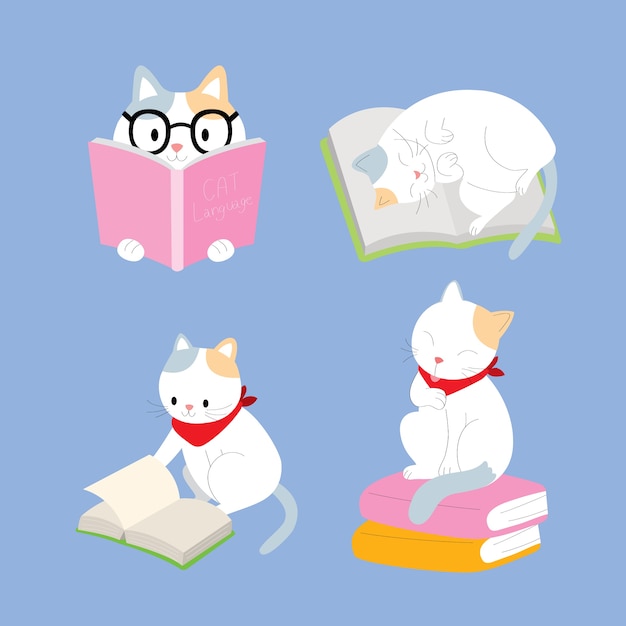 Premium Vector | Actions orange and white cat reading