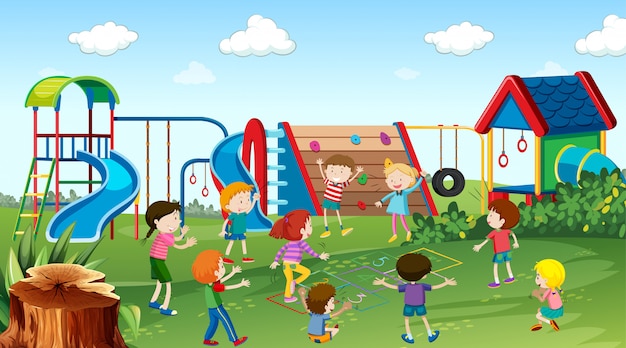 Active kids playing in outdoor scene Vector | Free Download