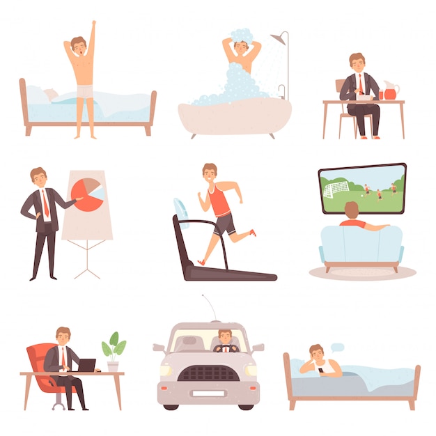 Active man daily routine. lifestyle everyday businessmen work busy people vector character isolated 
