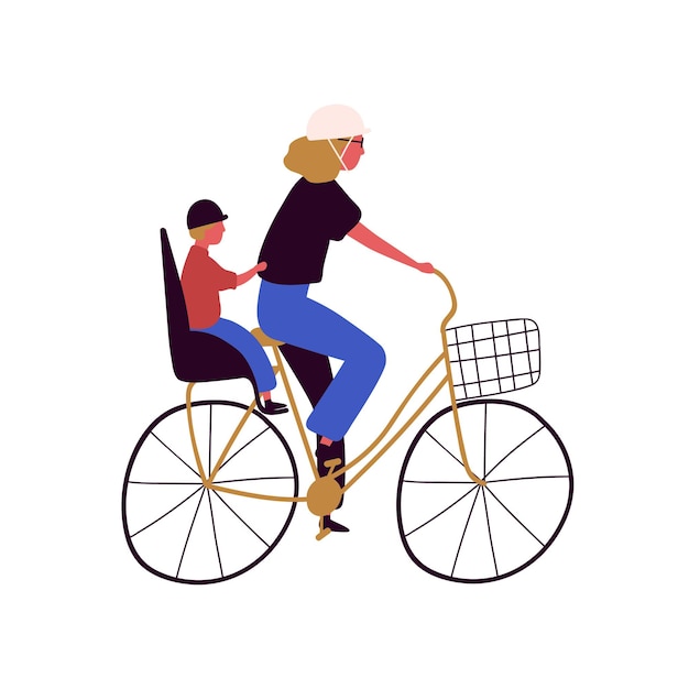 アクティブな母と息子が自転車ベクトル フラット イラストに乗る プレミアムベクター