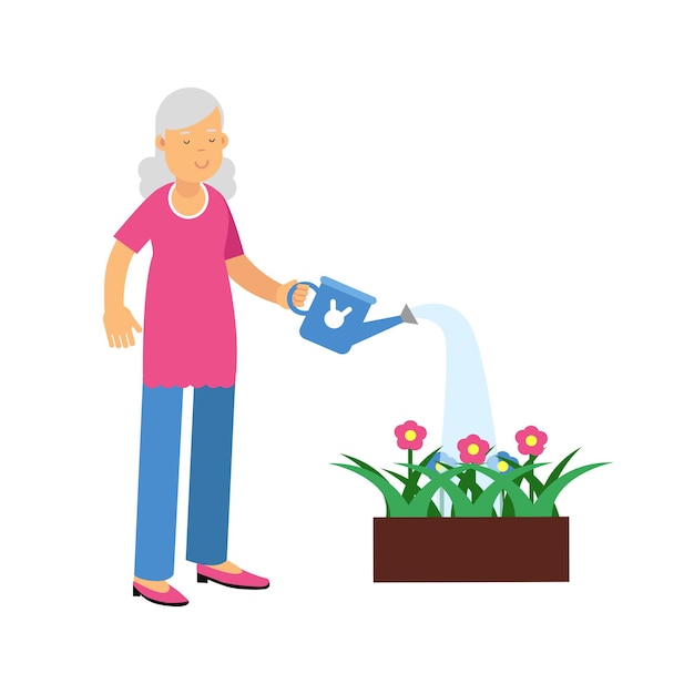 Premium Vector | Active senior woman watering with can a flower bed ...