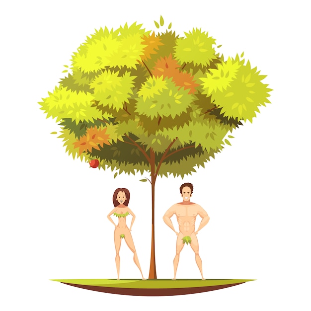 無料のベクター アダムとイブの庭アンデルリンゴの木の禁断の果実と知識漫画ベクトルイラスト
