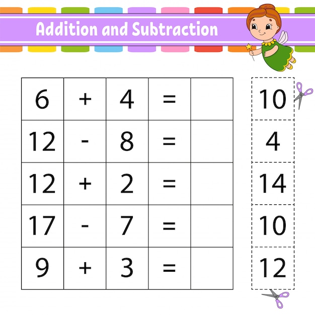 Premium Vector Addition And Subtraction Task For Kids Cut And Paste Education Developing Worksheet