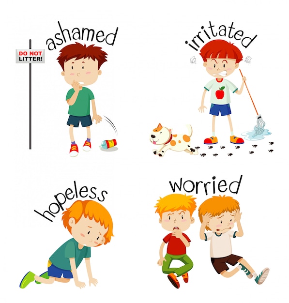 Free Vector | Adjective words with kid expressing their feelings