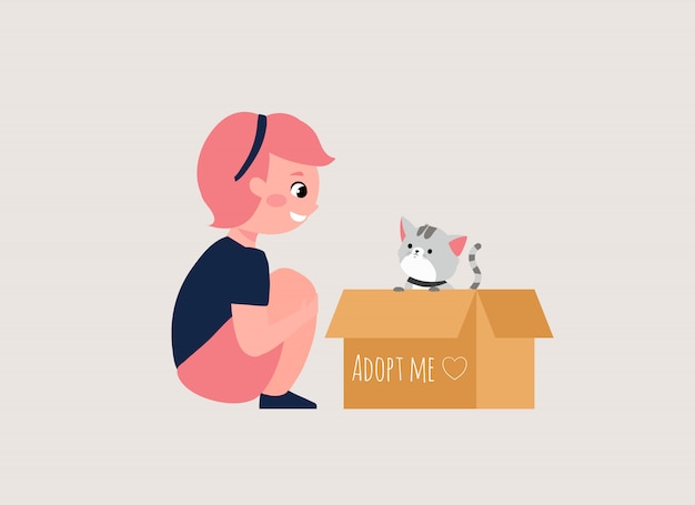 女の子と猫の漫画イラストのペットコンセプトを採用します 段ボール箱の中のかわいいケイトが私のテキストを採用 プレミアムベクター