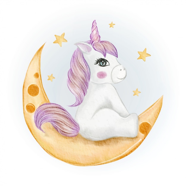 Download Adorable baby unicorn sitting in the moon watercolor illustration | Premium Vector
