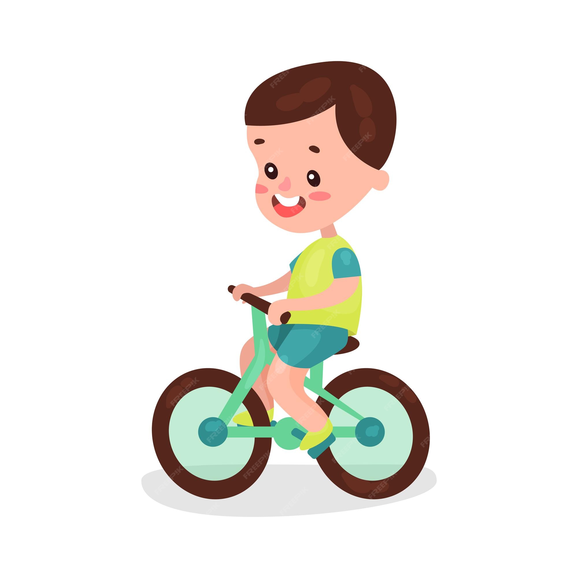 Premium Vector | Adorable brunette little boy riding bike cartoon ...