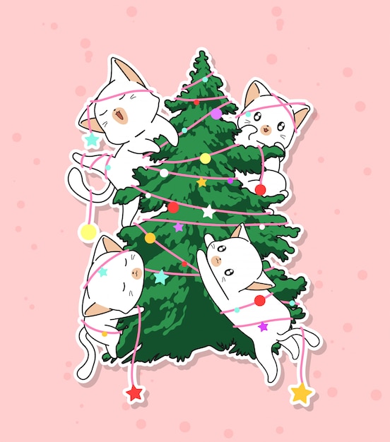 Download Adorable Cat Characters With A Christmas Tree Premium Vector PSD Mockup Templates