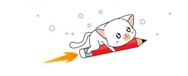 愛らしいかわいい猫は鉛筆ロケットイラストに乗っています プレミアムベクター