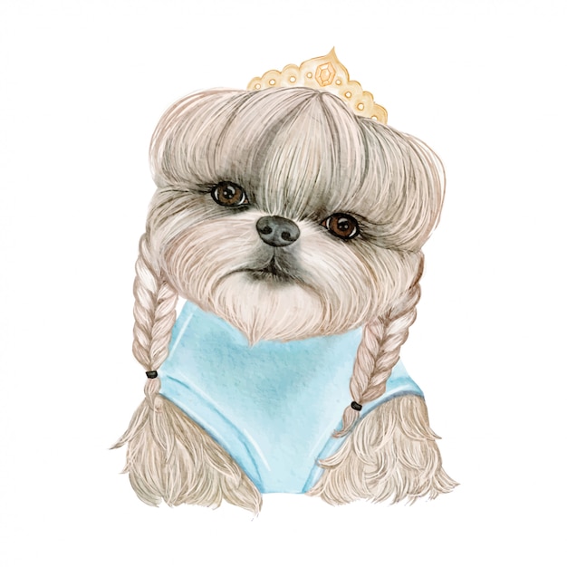 三つ編みと王冠の水彩イラストの髪の愛らしいかわいい犬 プレミアムベクター