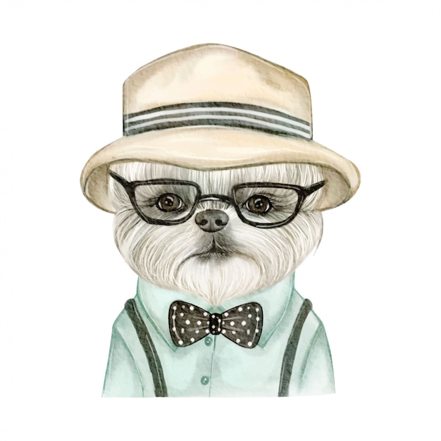 帽子とメガネの水彩イラストが愛らしいかわいい犬 プレミアムベクター