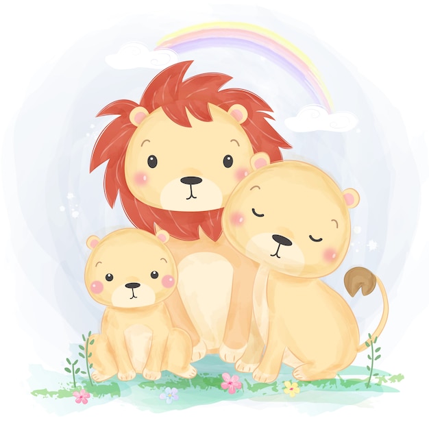 Adorable lion family illustration in watercolor style Premium Vector