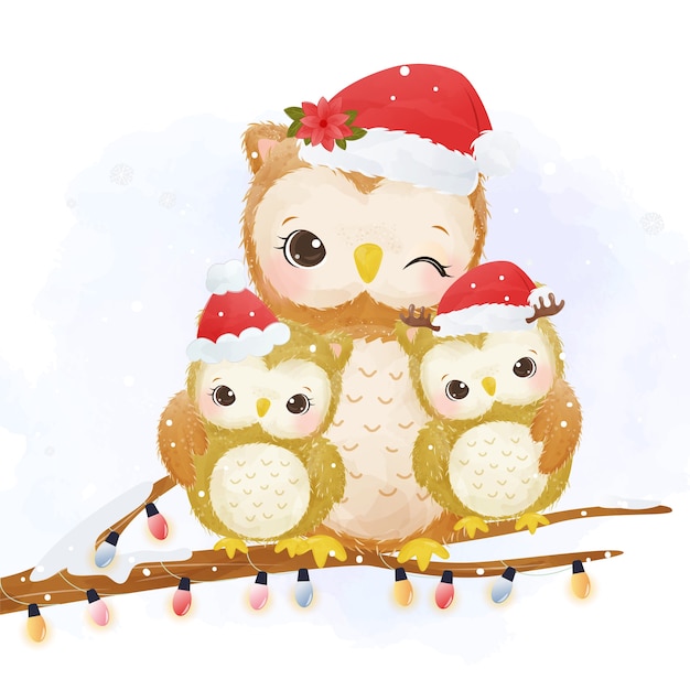 Download Premium Vector | Adorable mommy and baby owl in christmas day