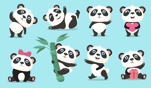 愛らしいパンダセット かわいい漫画の中国のクマの赤ちゃんは こんにちはを振って 心や贈り物を持って 竹の茎にぶら下がって 踊って楽しんでいます 動物 自然 野生動物の概念のベクトル図 無料のベクター