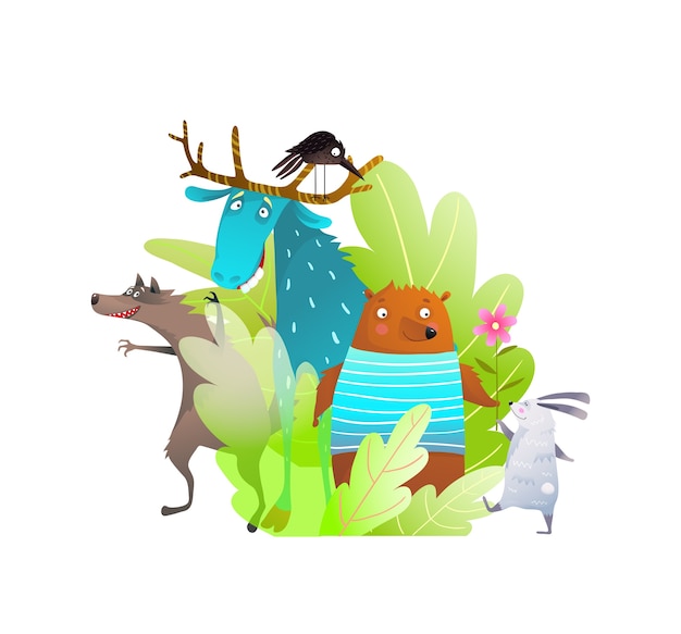 Premium Vector Adorable Portrait Of Woodland Baby Animals Composition Funny Silly Faces Cartoon Hare Bear Wolf And Moose Friends