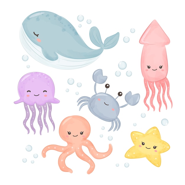 Adorable watercolor sea life illustration | Premium Vector