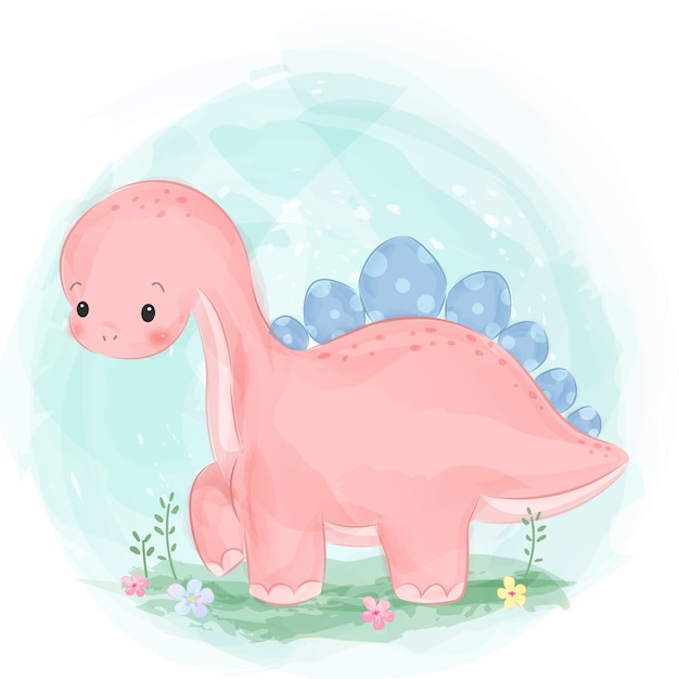 愛らしい水彩風ピンク恐竜イラスト プレミアムベクター