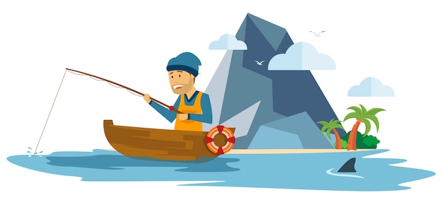 Adult male fisherman fishing on a boat | Premium Vector