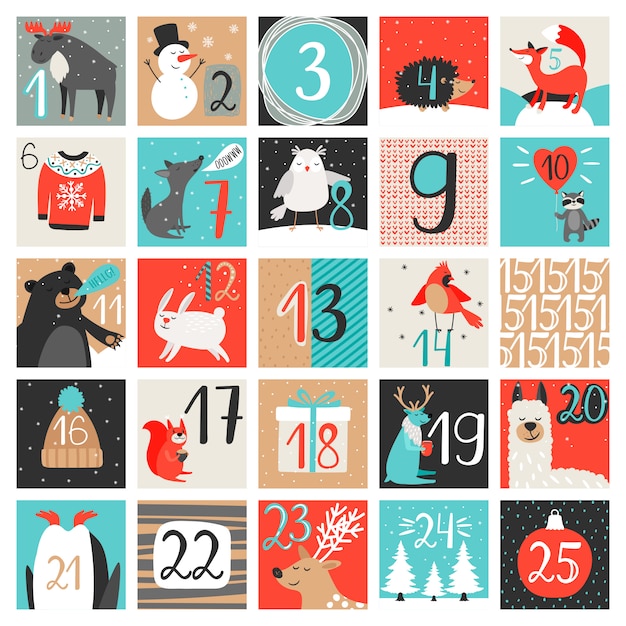 アドベントカレンダー 12月のカウントダウンカレンダー クリスマスイブの数字で設定された創造的な冬 プレミアムベクター