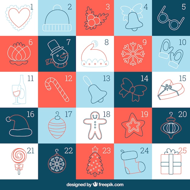 Free Vector Advent calendar with beautiful christmas sketches
